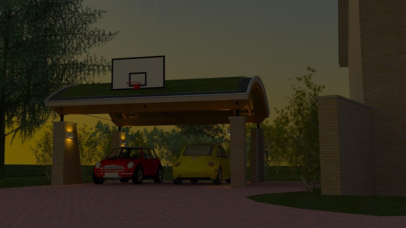 Architectuur Ontwerp Dubbele Carport Rond Dak Begroeid Dak Metselwerk Gelamineerd Hout Avond Deventer ©Tijmen Bos Architecten
