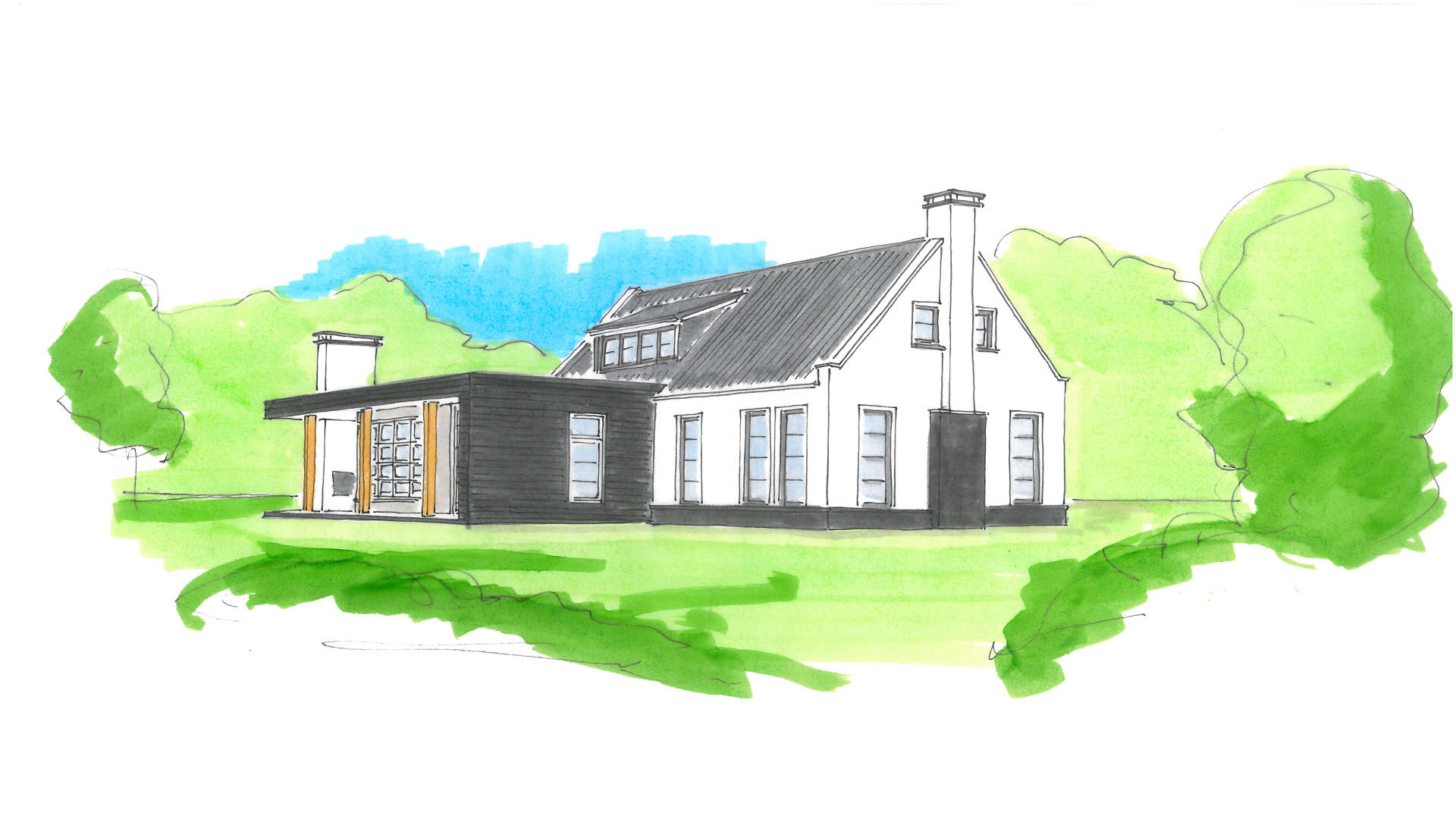 Villa Renovatie Stucwerk Wit Plint Donkere Pan Zwarte Beschieting Hout Tijmen Bos Architecten©