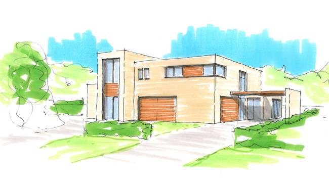 Moderne Dubbele Woning Carport Plat Dak Kubisitisch Ontwerp Vide Metselwerk Hout Nieuwbouw Architect Deventer ©Tijmen Bos Architecten