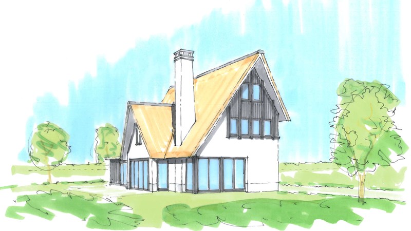 Moderne Woning Riet Wit Zwarte Kozijnen Grote Kap Met Accenten Hoge Schoorsteen Knus ©Tijmen Bos Architecten Deventer