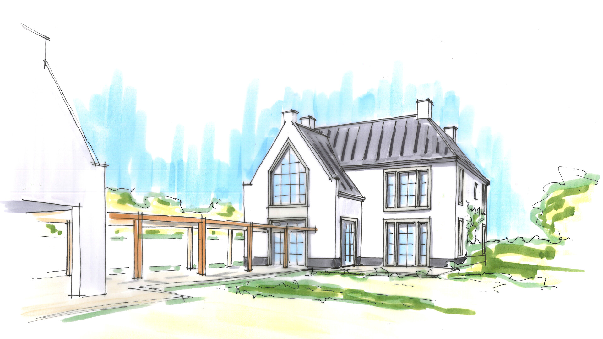 Architectuur Villa Klassiek Modern Zinken Dak Wit Stucwerk Blaricum Landhuis Veranda Nieuwbouw Ontwerp Tijmen Bos Architecten© Deventer HR