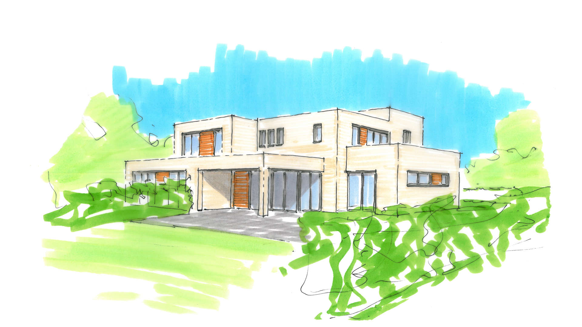 Moderne Dubbele Woning Carport Plat Dak Kubisitisch Ontwerp Veranda Metselwerk Hout Nieuwbouw Architect Deventer ©Tijmen Bos Architecten